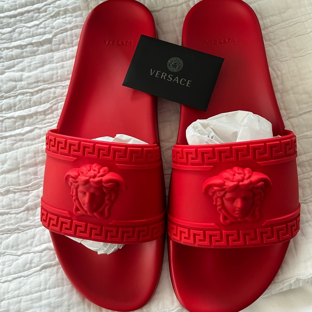 Brand new red Versace Medusa Head Palazzo Pool Slides